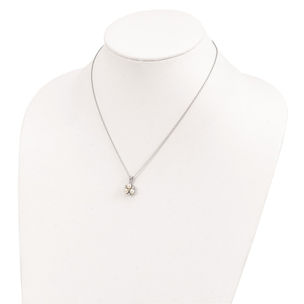 Sterling Silver Rhodium-plated 5-6mm White Button Freshwater Cultured 3-Pearl and CZ 17 inch Necklace 17 Inches