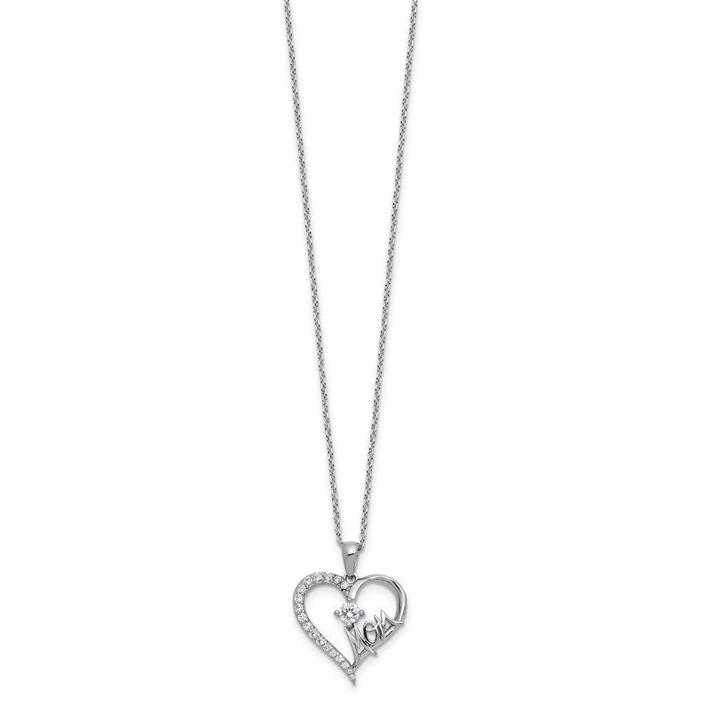 Cheryl M Sterling Silver Rhodium-plated Polished CZ Mom Heart with 2 Inch Extension Necklace 18 Inches