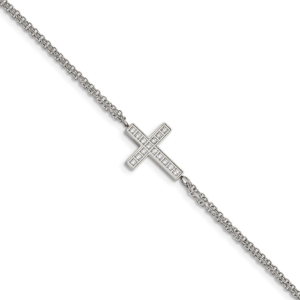 Stainless Steel Polished w/CZ Cross 6.25in w/2in ext. Bracelet 6.25 inches