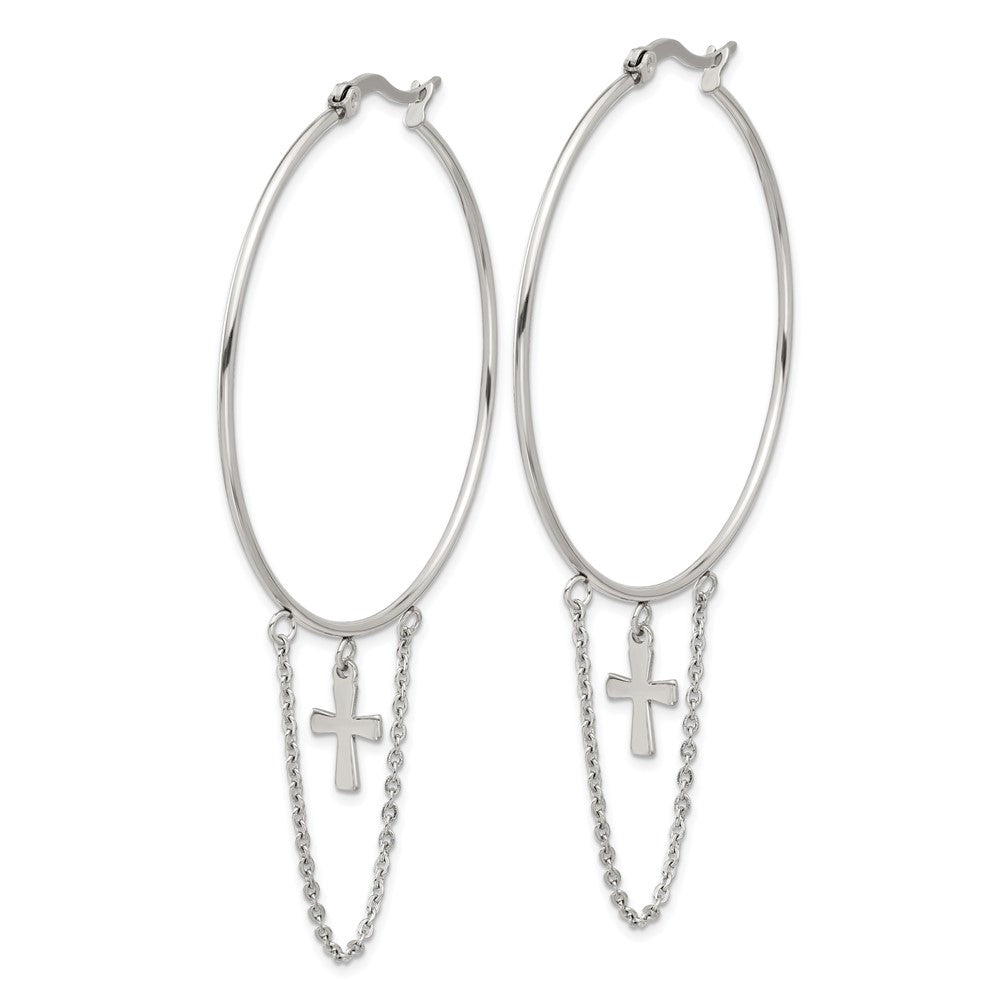 Stainless Steel Polished Chain and Cross Dangle Hoop Earrings