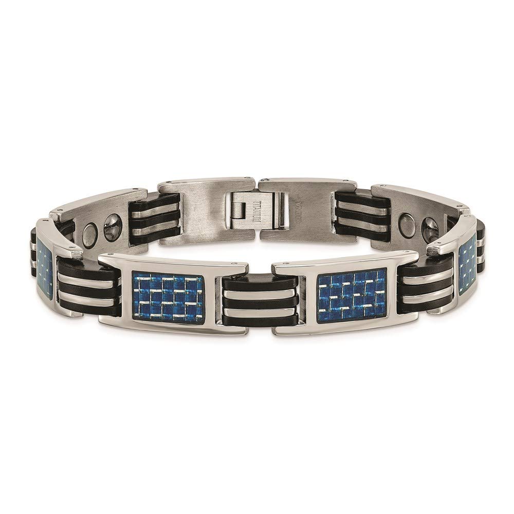 Titanium Polished w/Blue Carbon Fiber Inlay & Rubber 8.5in Bracelet 8.5 inches