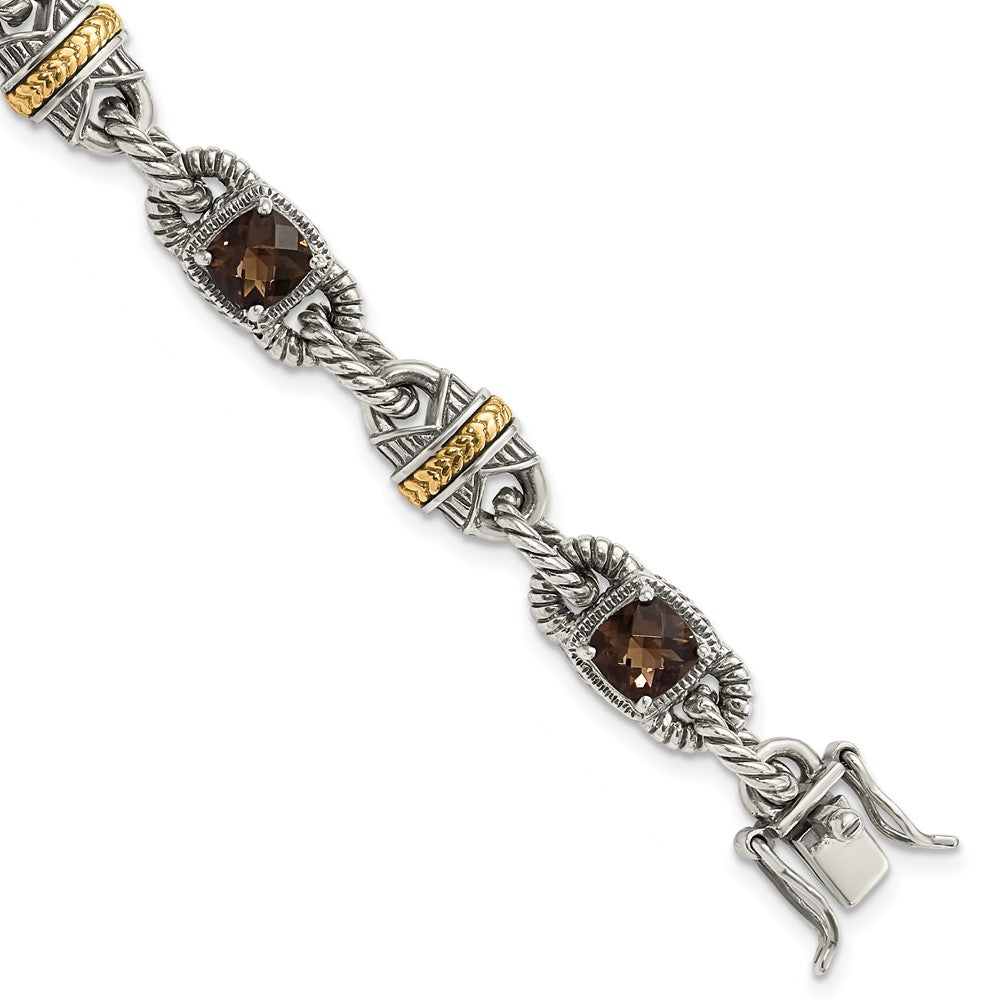 Sterling Silver w/14ky Accent Polished & Antiqued Smoky Quartz Bracelet