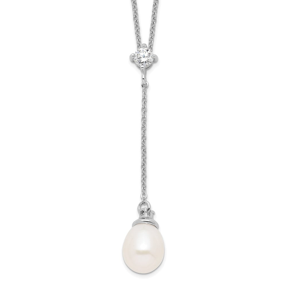 Sterling Silver Rhodium-plated 8-9mm White Teardrop Freshwater Cultured Pearl and CZ Drop 18 inch Necklace 18 Inches