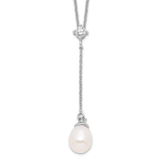 Sterling Silver Rhodium-plated 8-9mm White Teardrop Freshwater Cultured Pearl and CZ Drop 18 inch Necklace 18 Inches