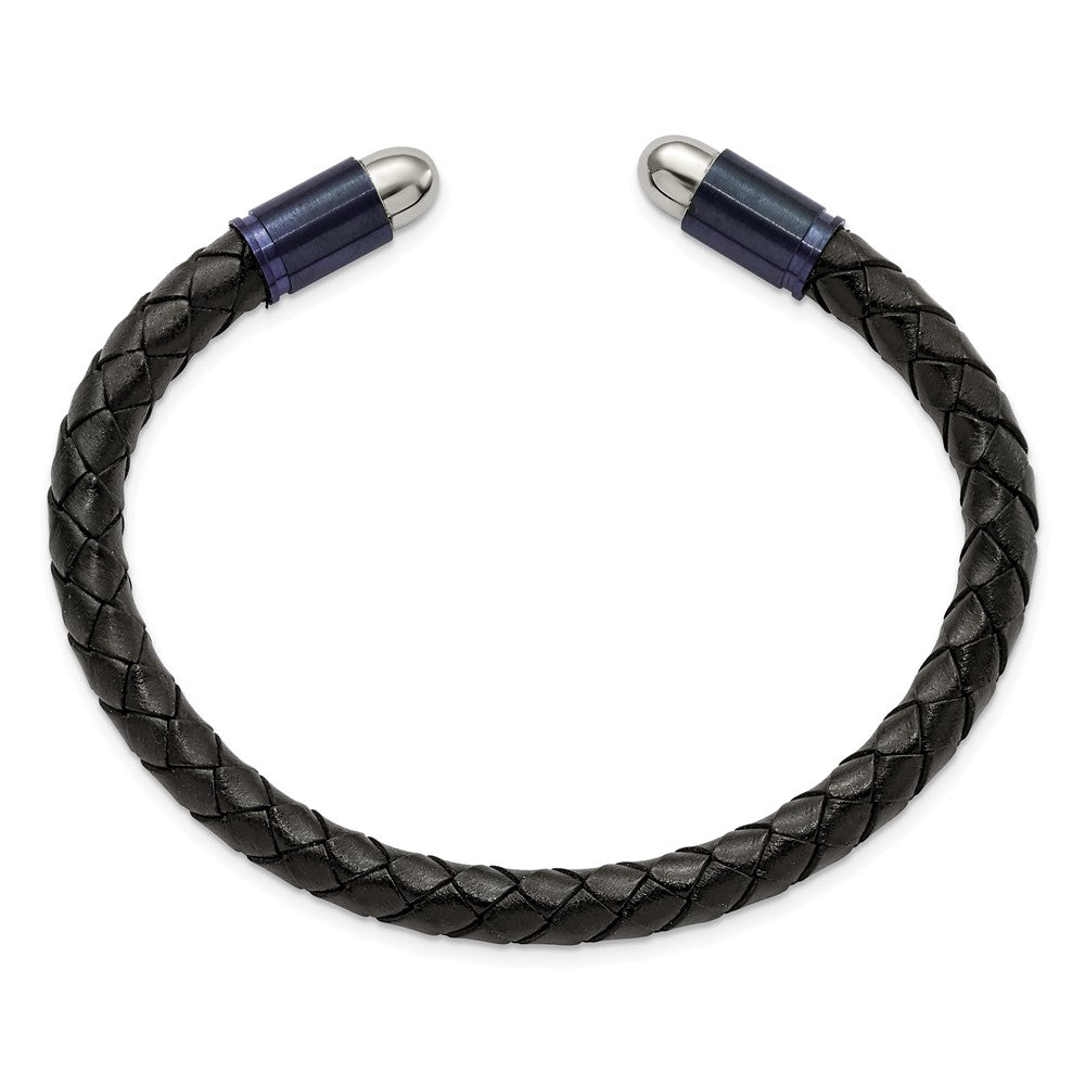 Stainless Steel Brushed &Polished Dark Grey IP Blk Leather Flexible Bangle 7.25 inches