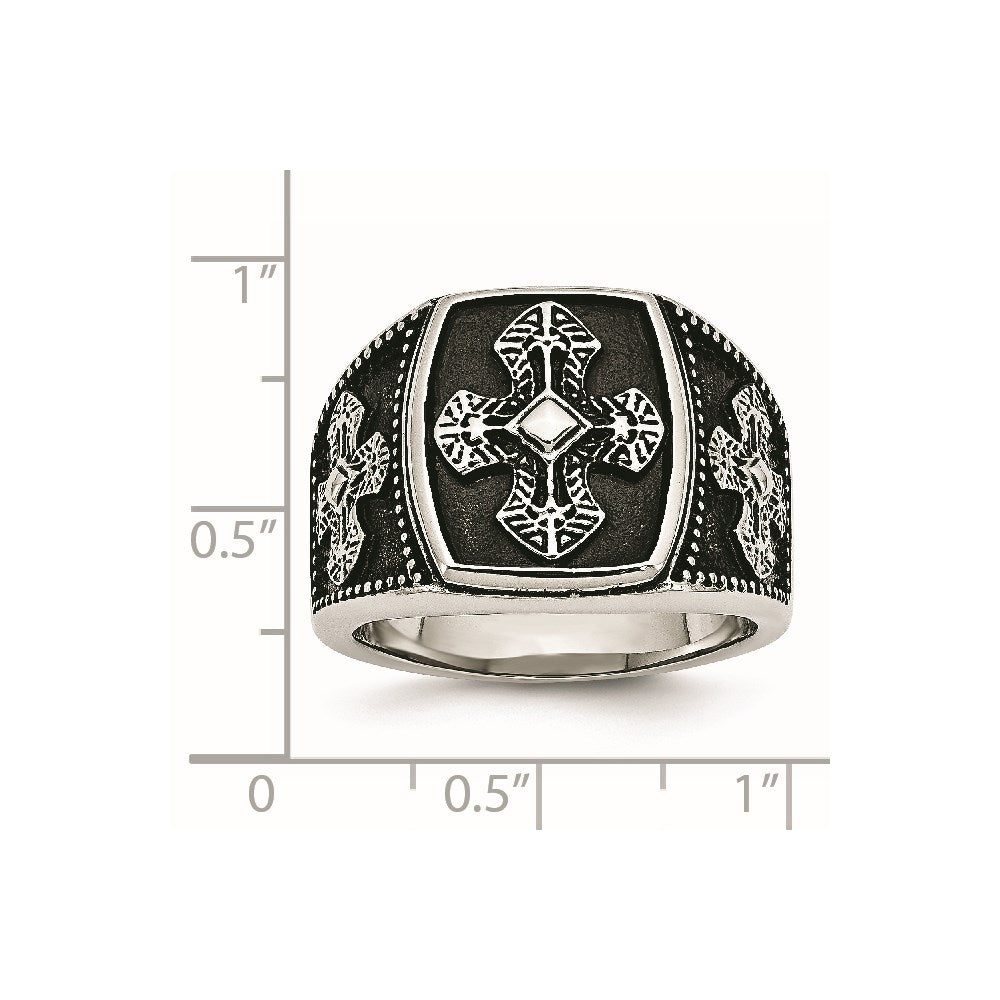 Stainless Steel Antiqued Polished & Textured Cross Ring Size - 10