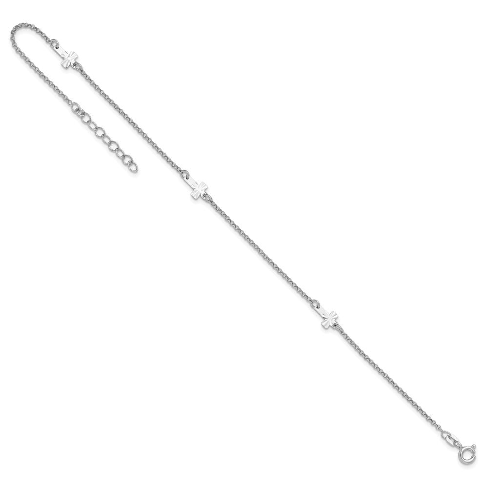 Sterling Silver Rhod-plated Diamond-cut Crosses 9in Plus 1in Ext. Anklet 9 inches