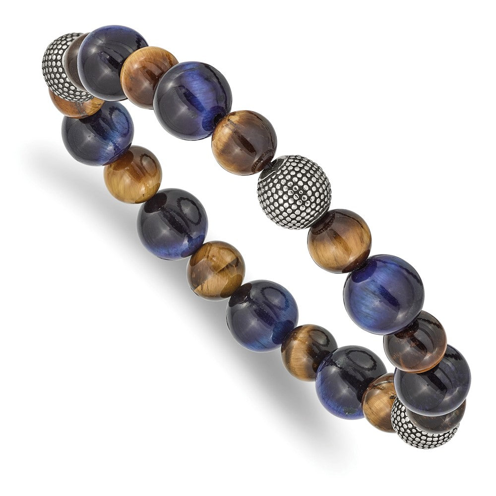 Stainless Steel Antiqued & Polished Brown/Blue Tiger's Eye Stretch Bracelet 6.5 inches