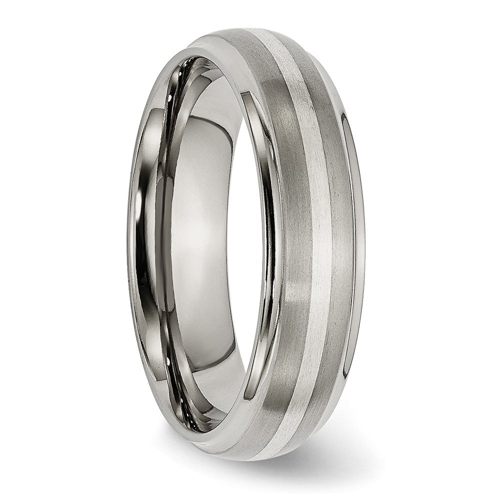 Titanium Brushed Center w/Sterling Silver Inlay 6mm Ridged Edge Band Size - 7