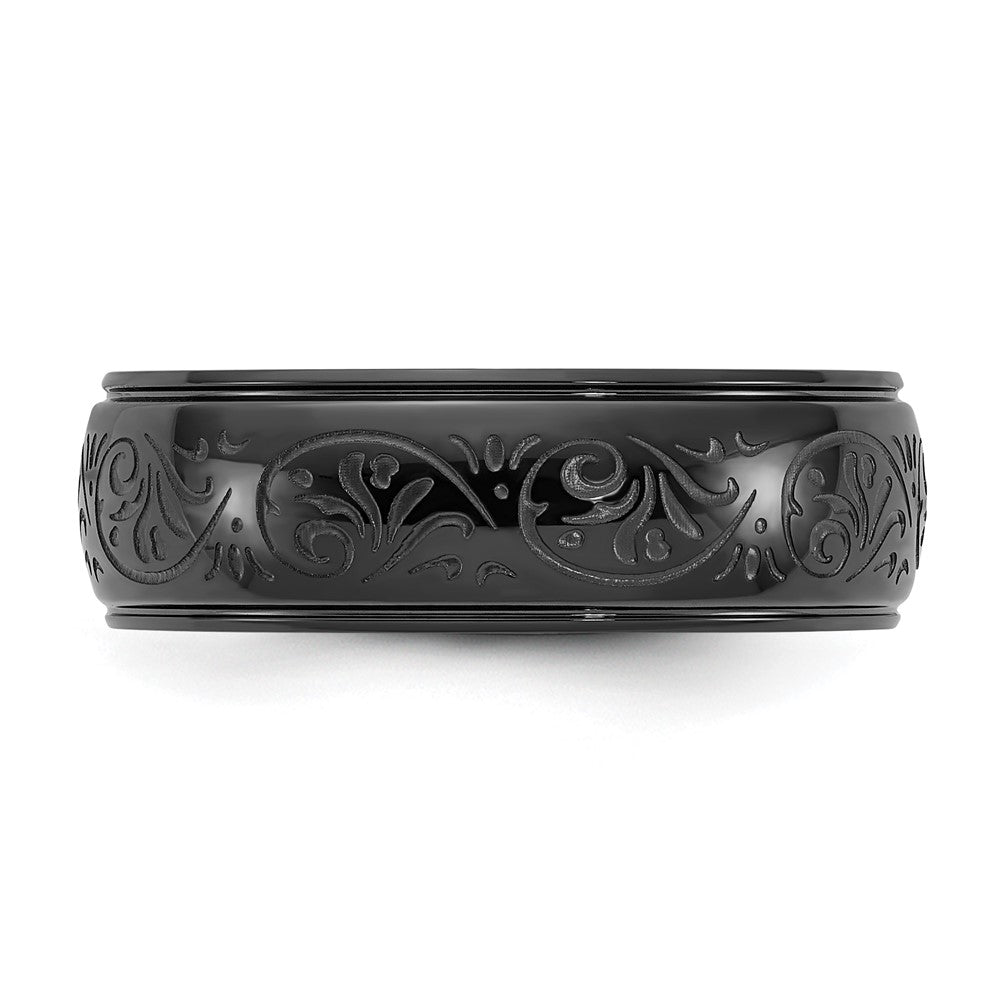 Stainless Steel Polished Black IP Etched Design Ridged Edge 7.5mm Band Size - 10