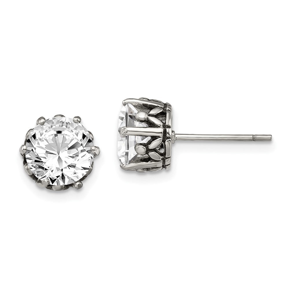 Stainless Steel Antiqued and Polished Round CZ Post Earrings