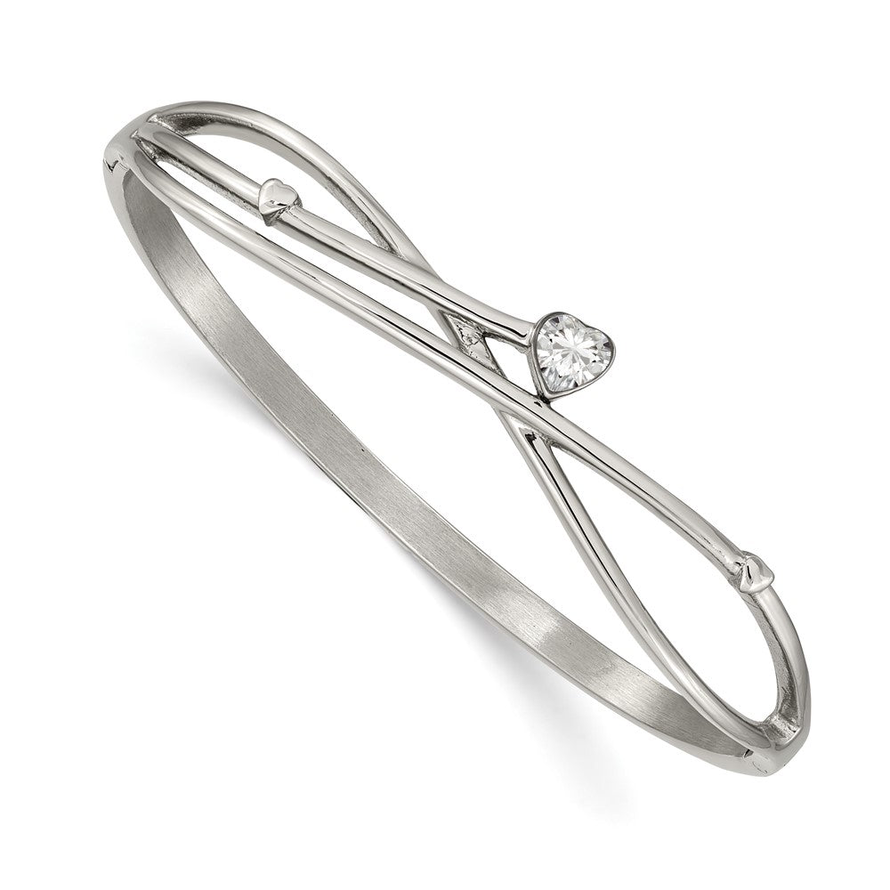 Stainless Steel Polished Heart CZ Hinged Bangle 6.75 inches