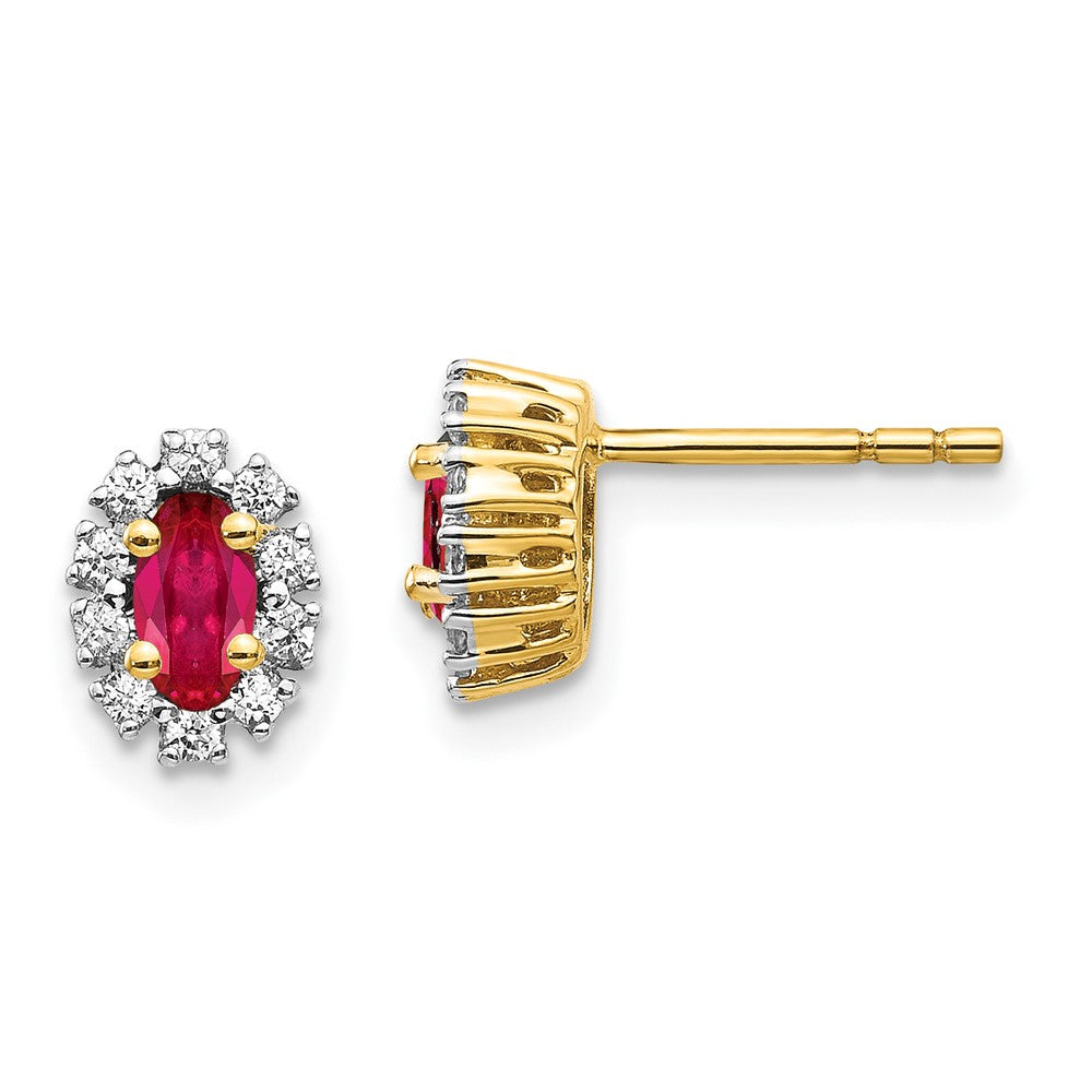 14k 1/5 carat Lab Grown Diamond VS/SI+ G+ and Oval Created Ruby Complete Halo Post Earrings