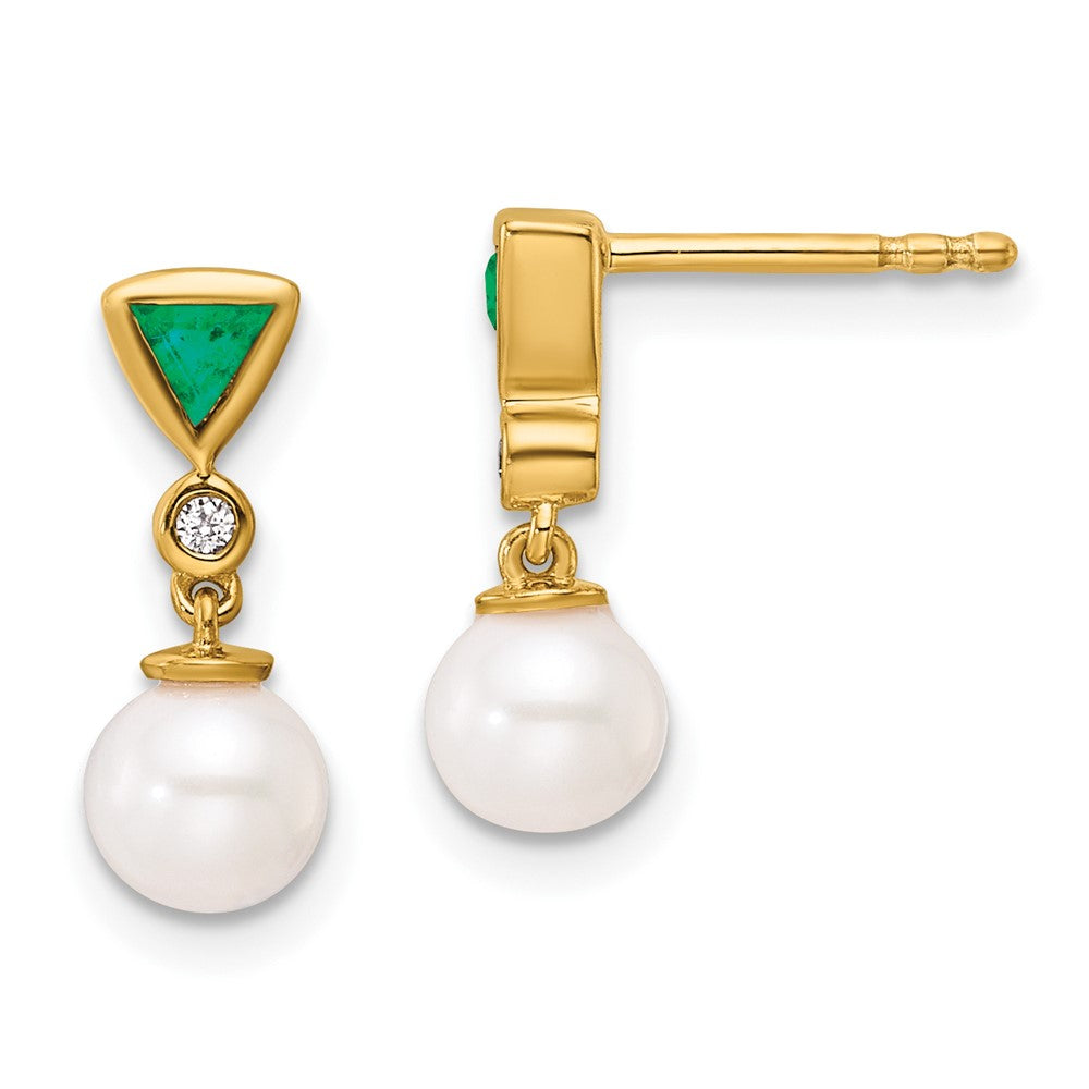 14K Gold Polished Diamond & Emerald Pearl Dangle Post Earrings