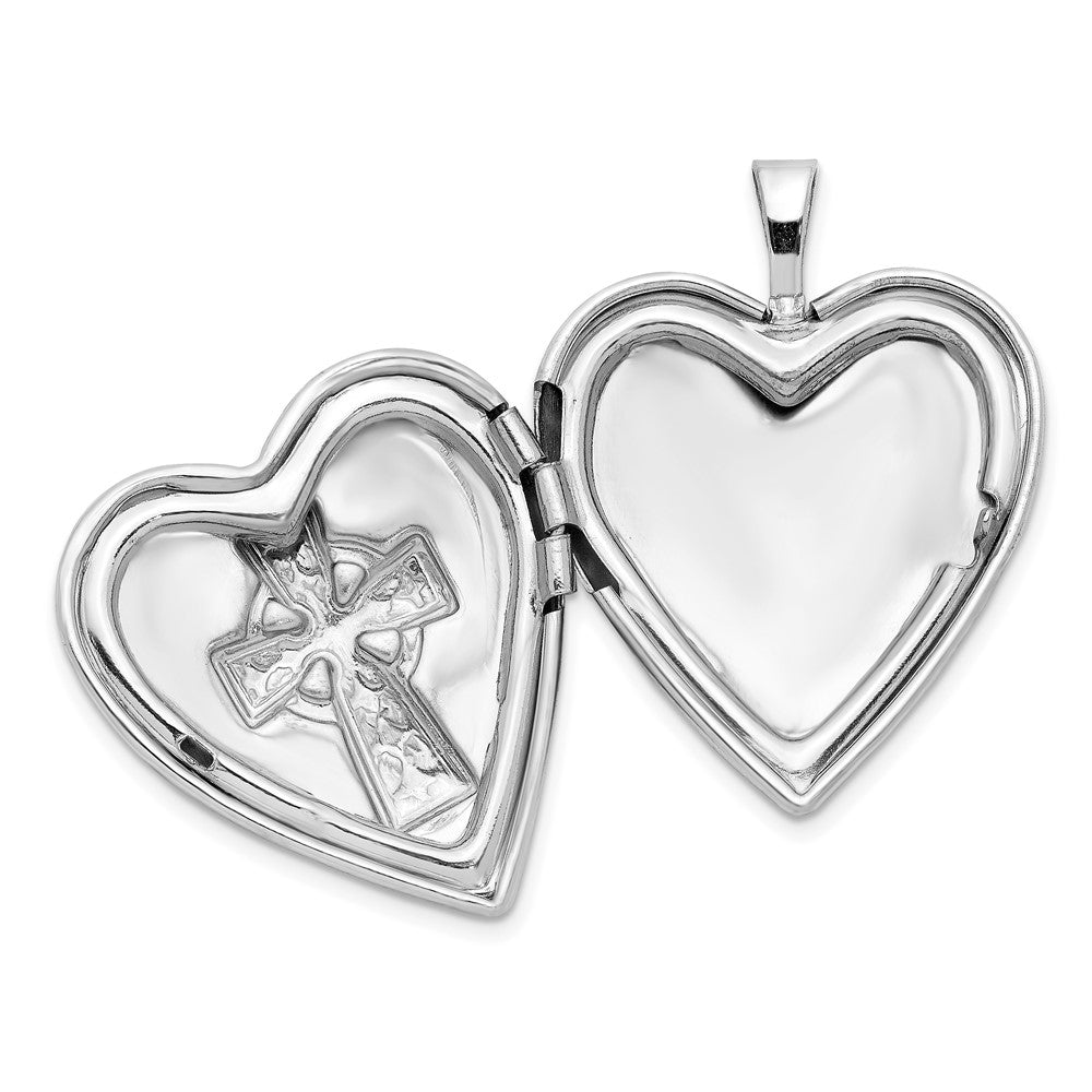 Sterling Silver Rhodium-plated Polished & Satin Cross Heart Locket