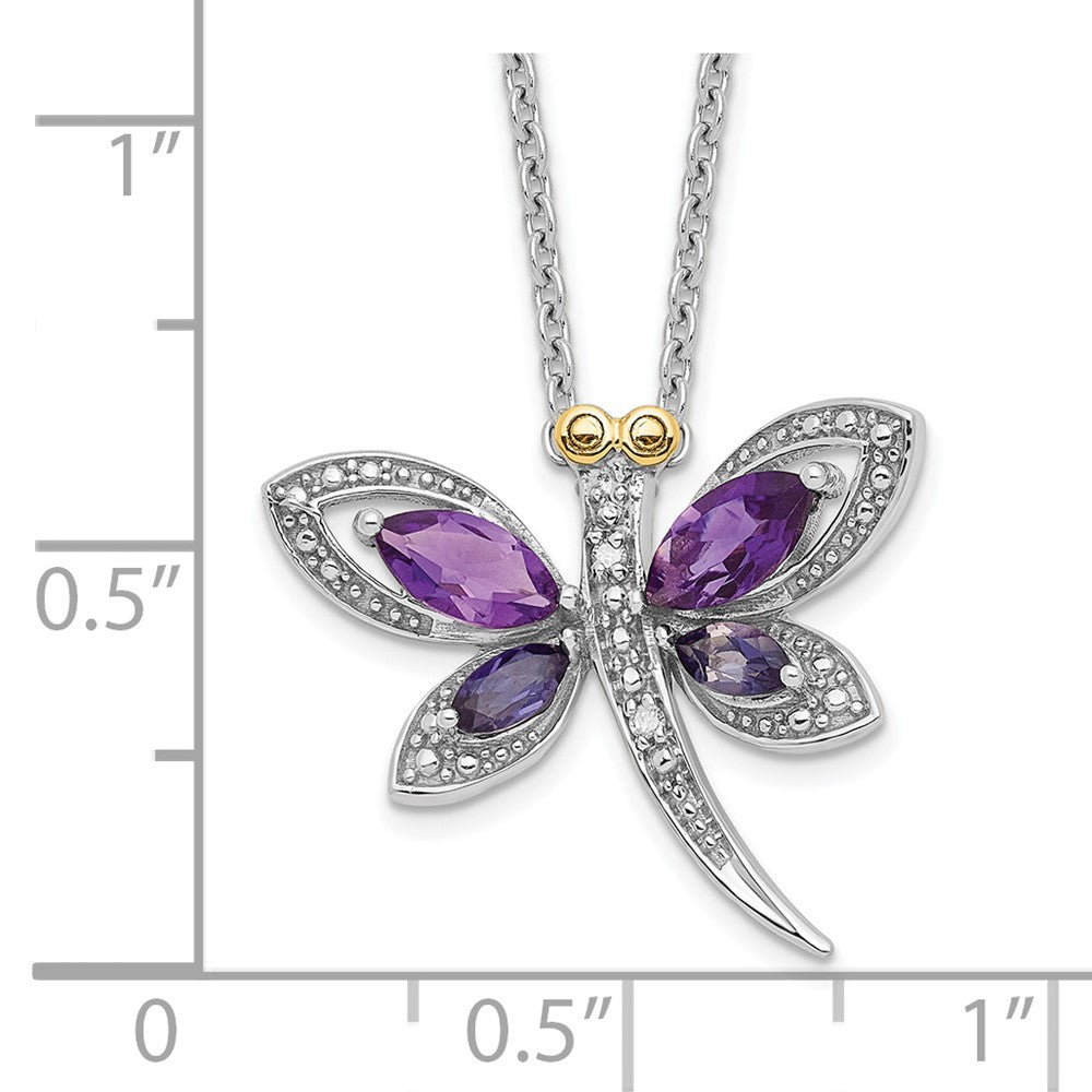 Brilliant Gemstones Sterling Silver with 14K Accent Rhodium-plated Amethyst and Iolite and Diamond Dragonfly 18 Inch Necklace with 2 Inch Extender 17 Inches