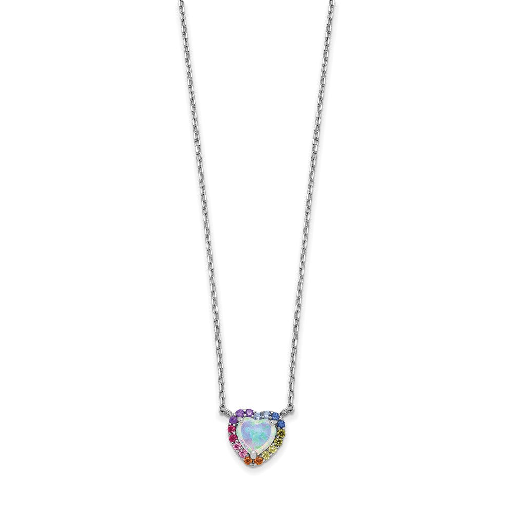 Sterling Silver Rhodium-plated 16 inch Lab Created Opal and Colorful CZ Heart Necklace with 2 inch Extender 16 Inches