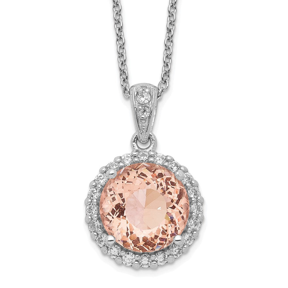 Cheryl M Sterling Silver Rhodium-plated 100 Facet Simulated Morganite and White Brilliant-cut CZ Halo 18 Inch Necklace 18 Inches