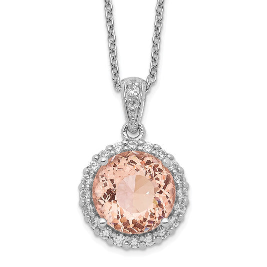 Cheryl M Sterling Silver Rhodium-plated 100 Facet Simulated Morganite and White Brilliant-cut CZ Halo 18 Inch Necklace 18 Inches