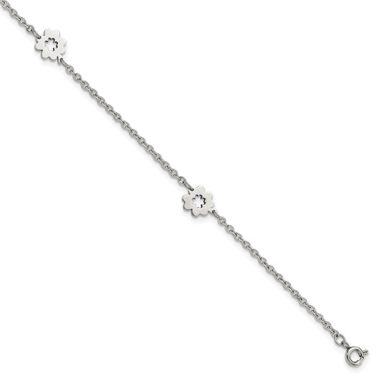 Stainless Steel Polished Flowers 9in Plus 1in ext Anklet