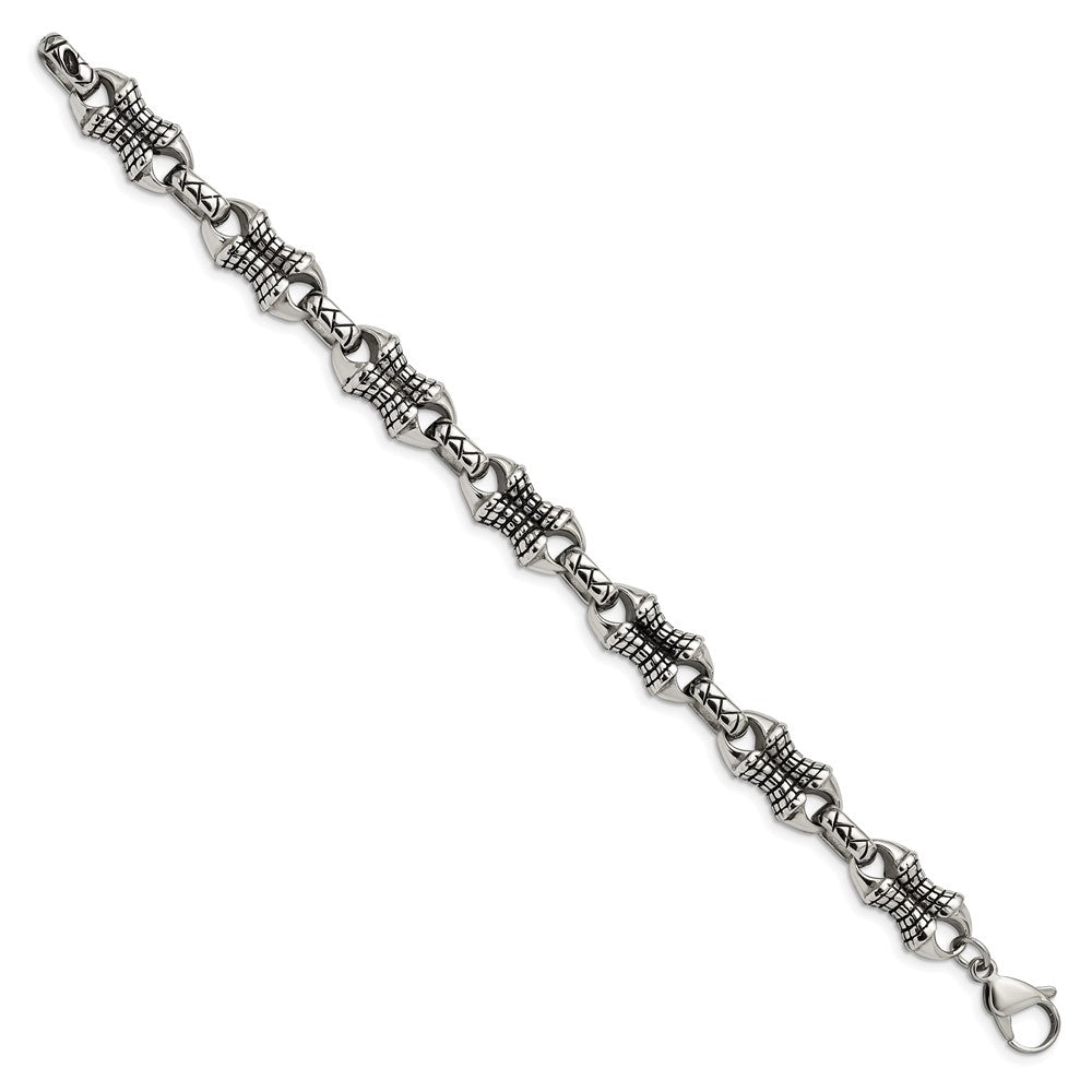Stainless Steel Antiqued and Polished Patterned 8.75in Bracelet 8.75 inches