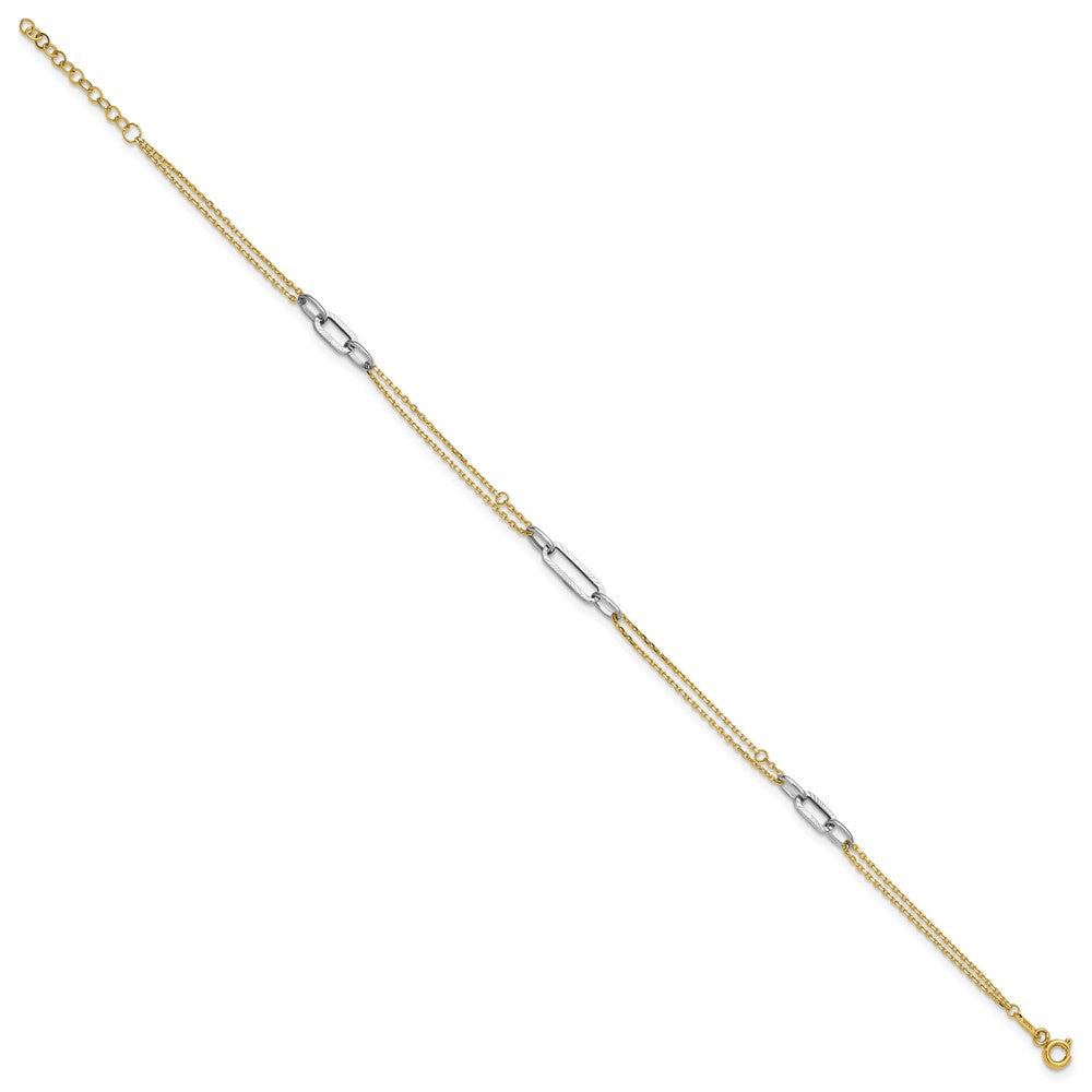 14K Two-tone Polished and Diamond-cut 3-Station 9 inch with 1 inch Extender Anklet