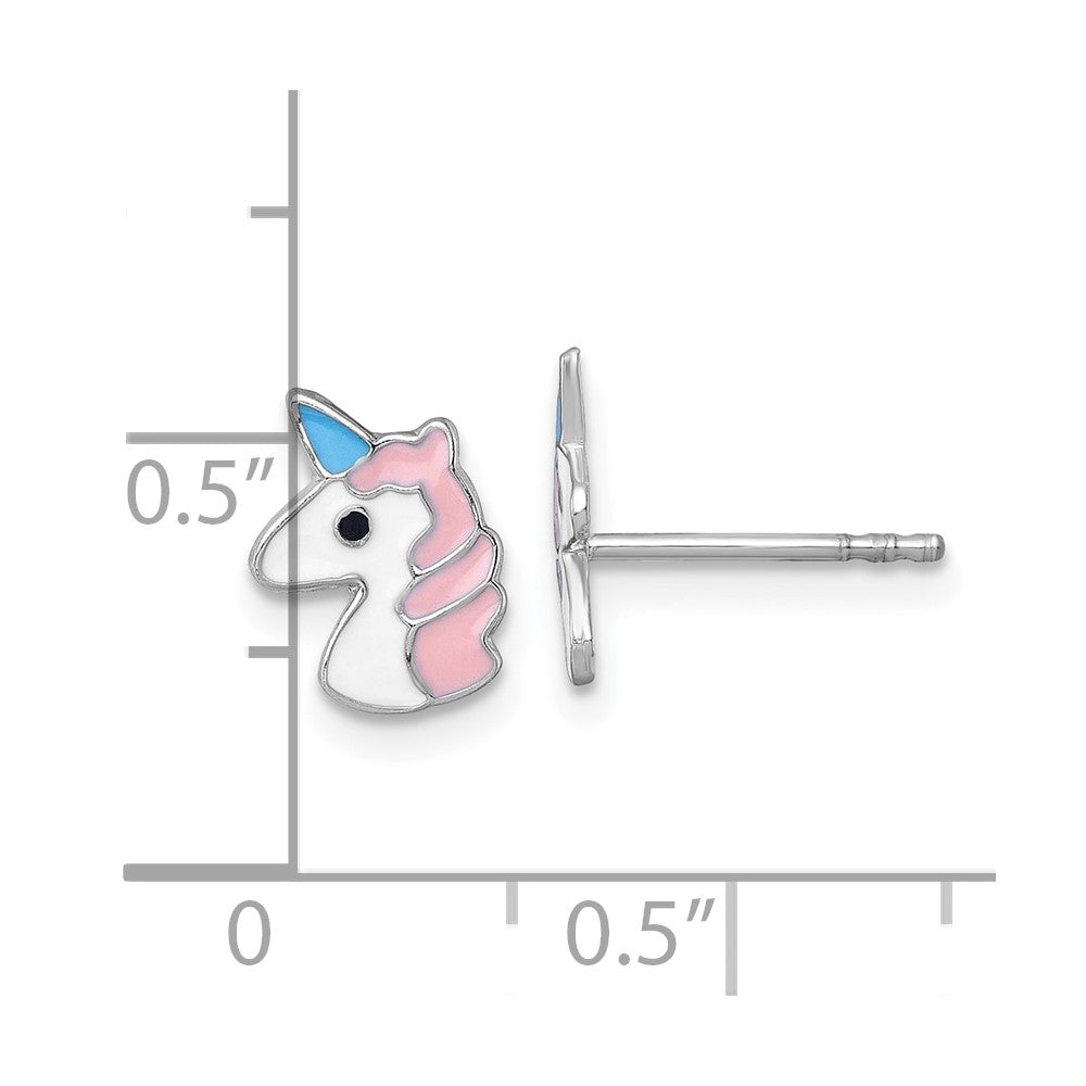 Sterling Silver Madi K Rhodium-plated Enameled Unicorn Childrens Post Earrings