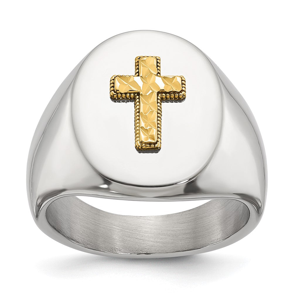 Chisel Stainless Steel Polished with Diamond-cut 14K Gold Accent Cross Oval Signet Ring Size - 9
