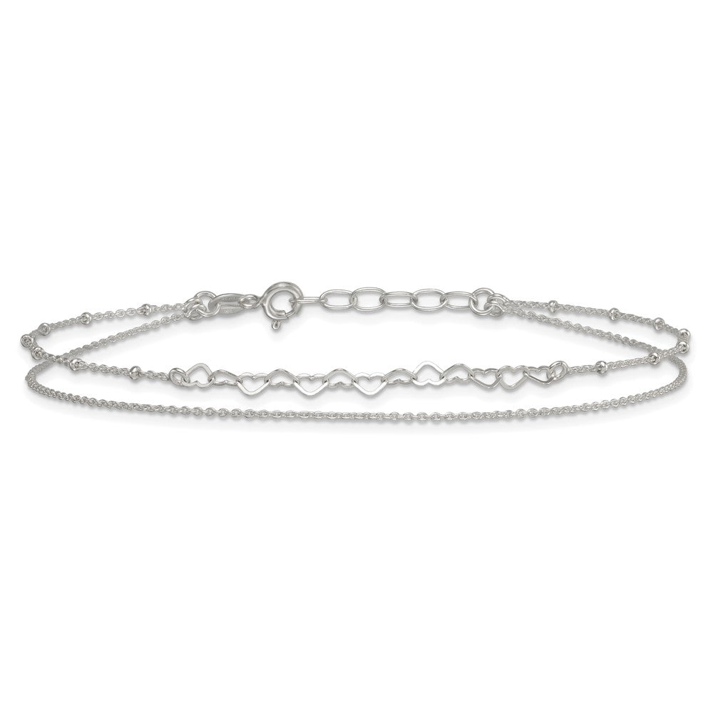 Sterling Silver Polished and Beaded Hearts Double Strand 9 inch with 1 inch Extension Anklet