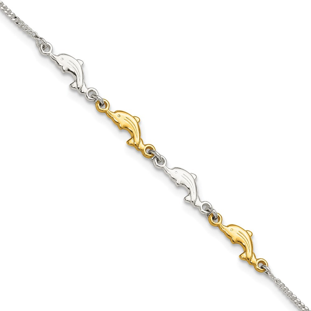 Sterling Silver with Gold-tone Polished Dolphins 9 inch with 1 inch Extension Anklet