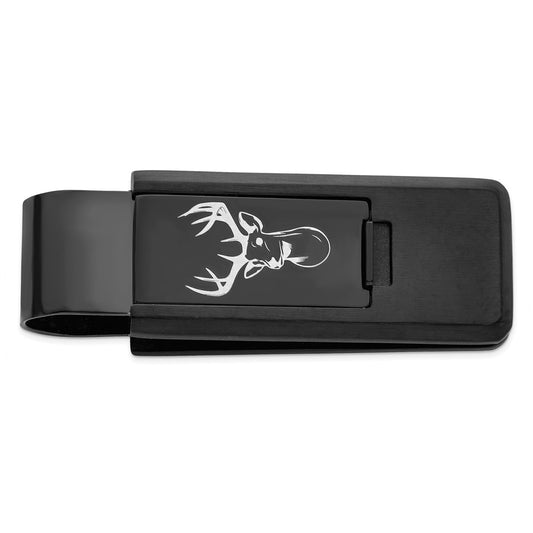 Kelly Waters Stainless Steel Black IP Lasered Buck Head Flip Money Clip