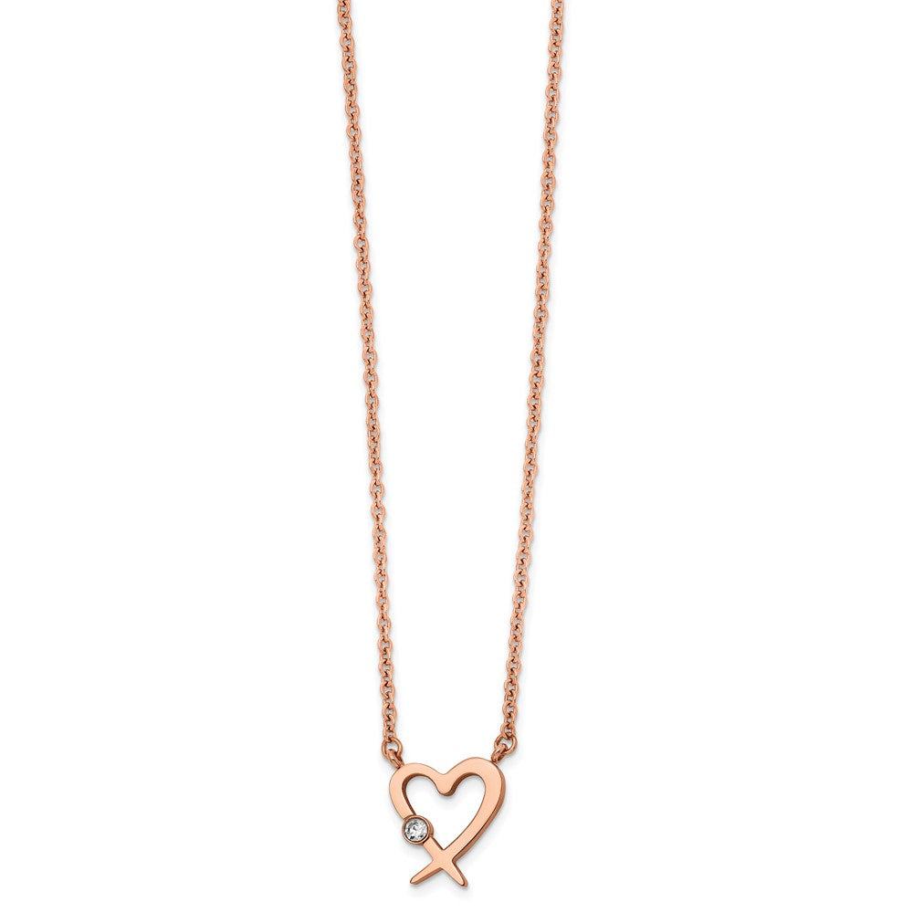 Stainless Steel Polished Rose IP w/Austrian Crystal Heart w/2in ext Necklac