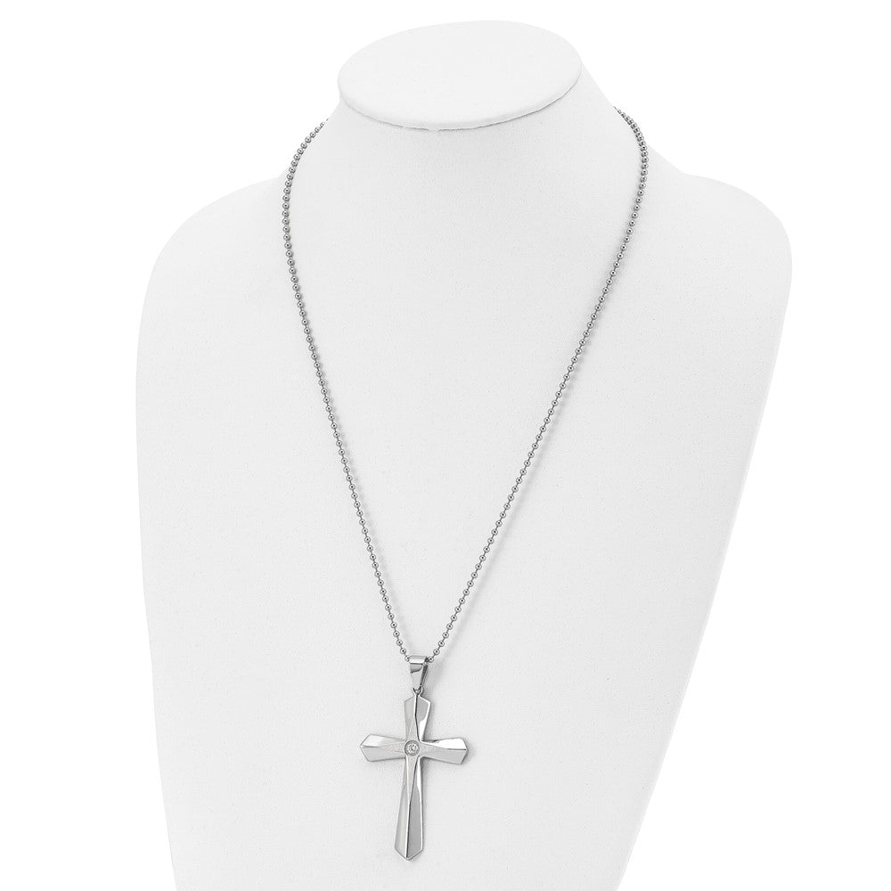 Stainless Steel Brushed and Polished w/CZ Cross 24in Necklace