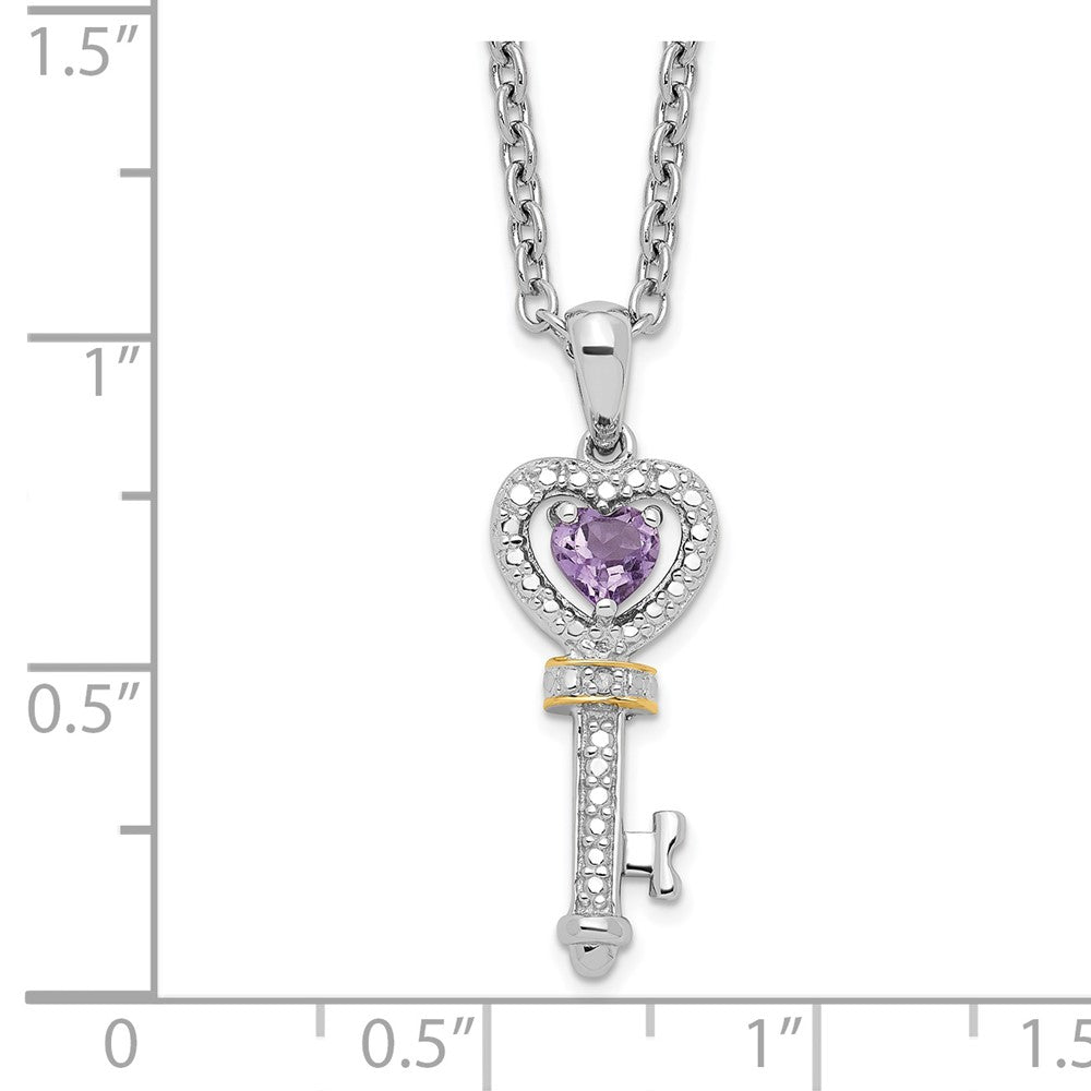 Brilliant Gemstones Sterling Silver with 14K Accent Rhodium-plated Amethyst and Diamond Key 18 Inch Necklace with 2 Inch Extender 17 Inches