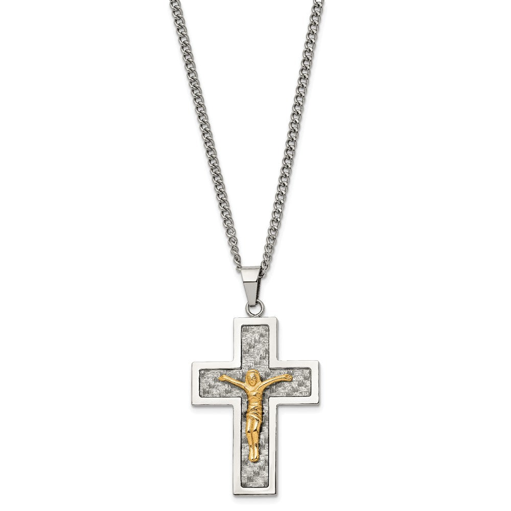 Stainless Steel Polished Yellow IP Grey CarbonFiber Inlay Crucifix Necklace