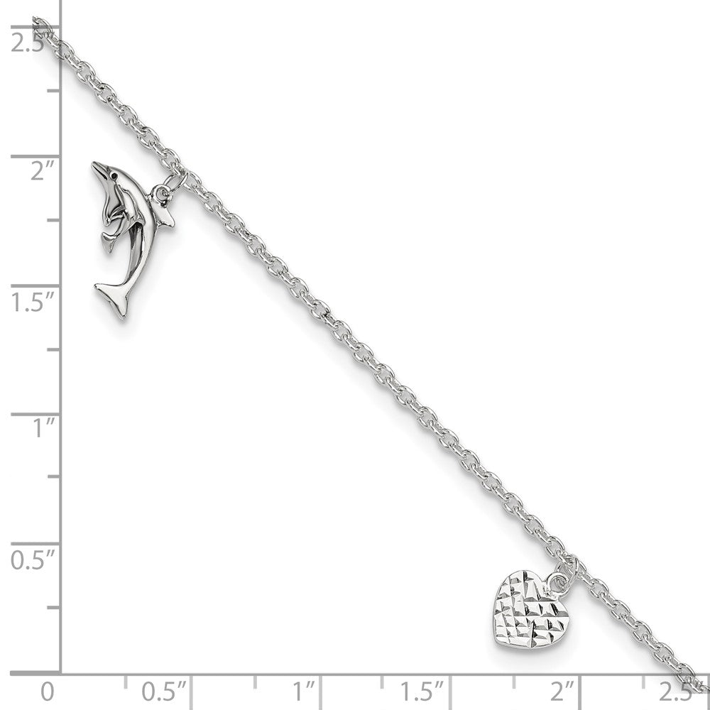 Sterling Silver Polished Heart, Star and Dolphin 9in Plus 1in Ext. Anklet 9 inches