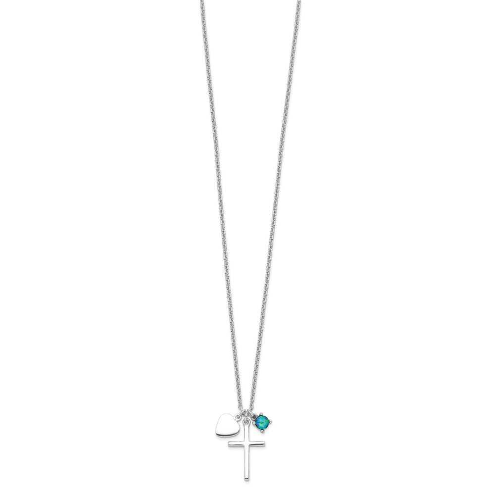 Sterling Silver Rhodium-plated Created Blue Opal Cross Necklace 18 Inches