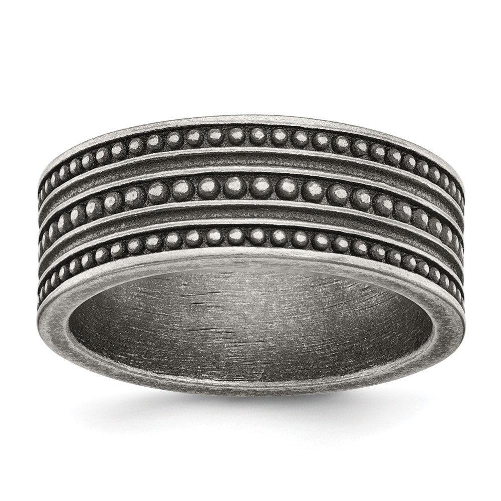 Stainless Steel Antiqued Gun Metal IP-plated Beaded 10mm Flat Band Size - 9