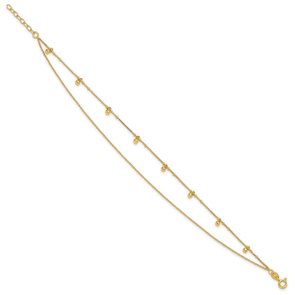 Sterling Silver Gold-tone Polished and Beaded Double Strand 9 inch with 1 inch Extension Anklet