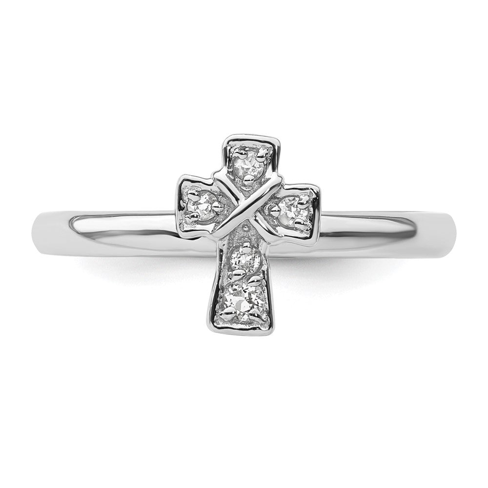 Sterling Silver Stackable Expressions Rhodium White Topaz Cross Ring Size -7