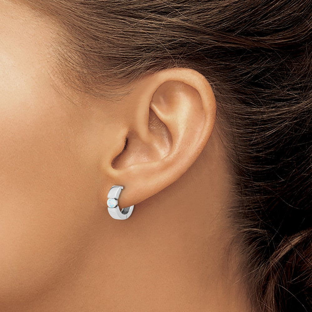 Sterling Silver RH-plated Polished Cr. Opal Hinged Round Hoop Earrings