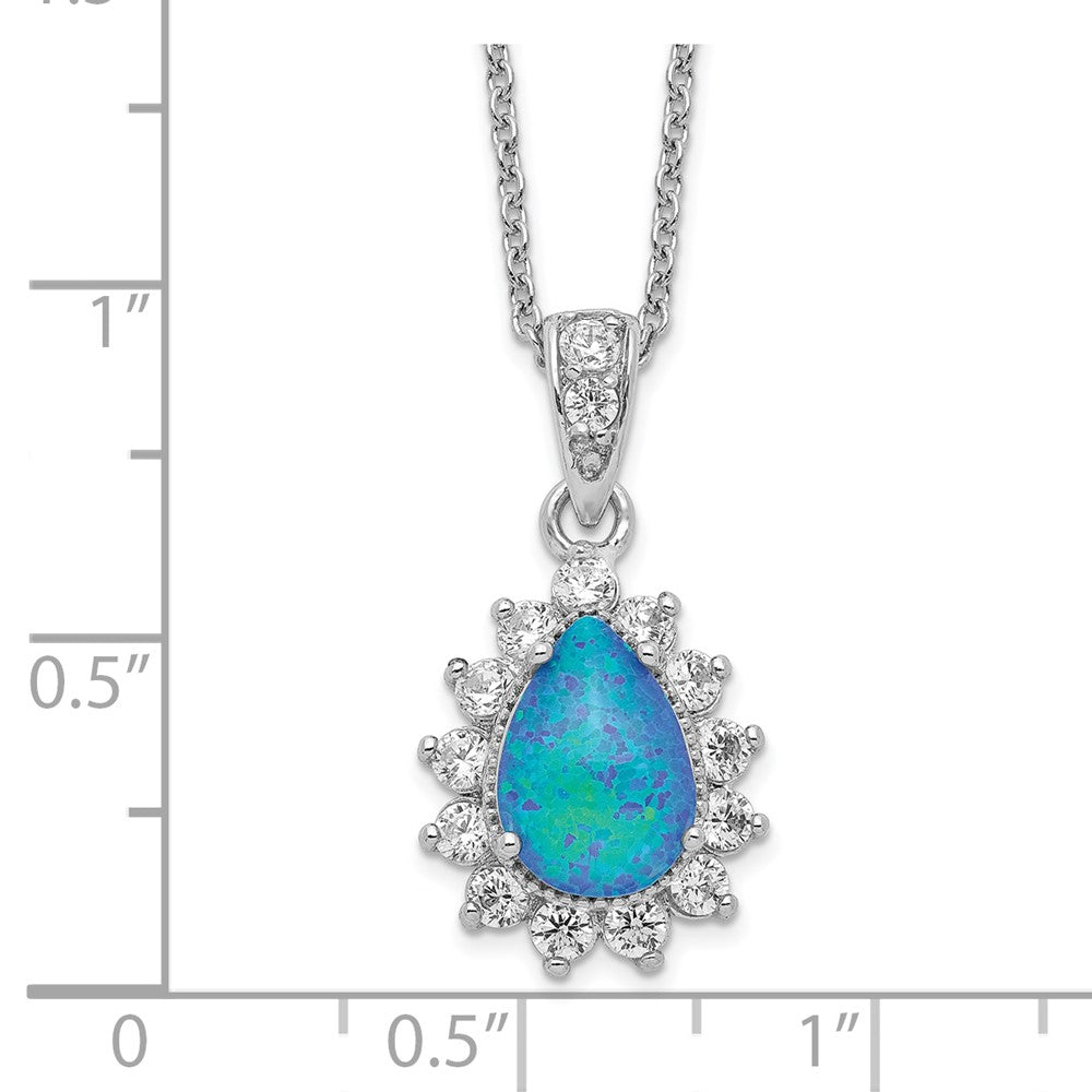 Cheryl M Sterling Silver Rhodium-plated Cabochon Lab Created Blue Opal and Brilliant-cut CZ Pear 18 Inch Necklace 18.5 Inches