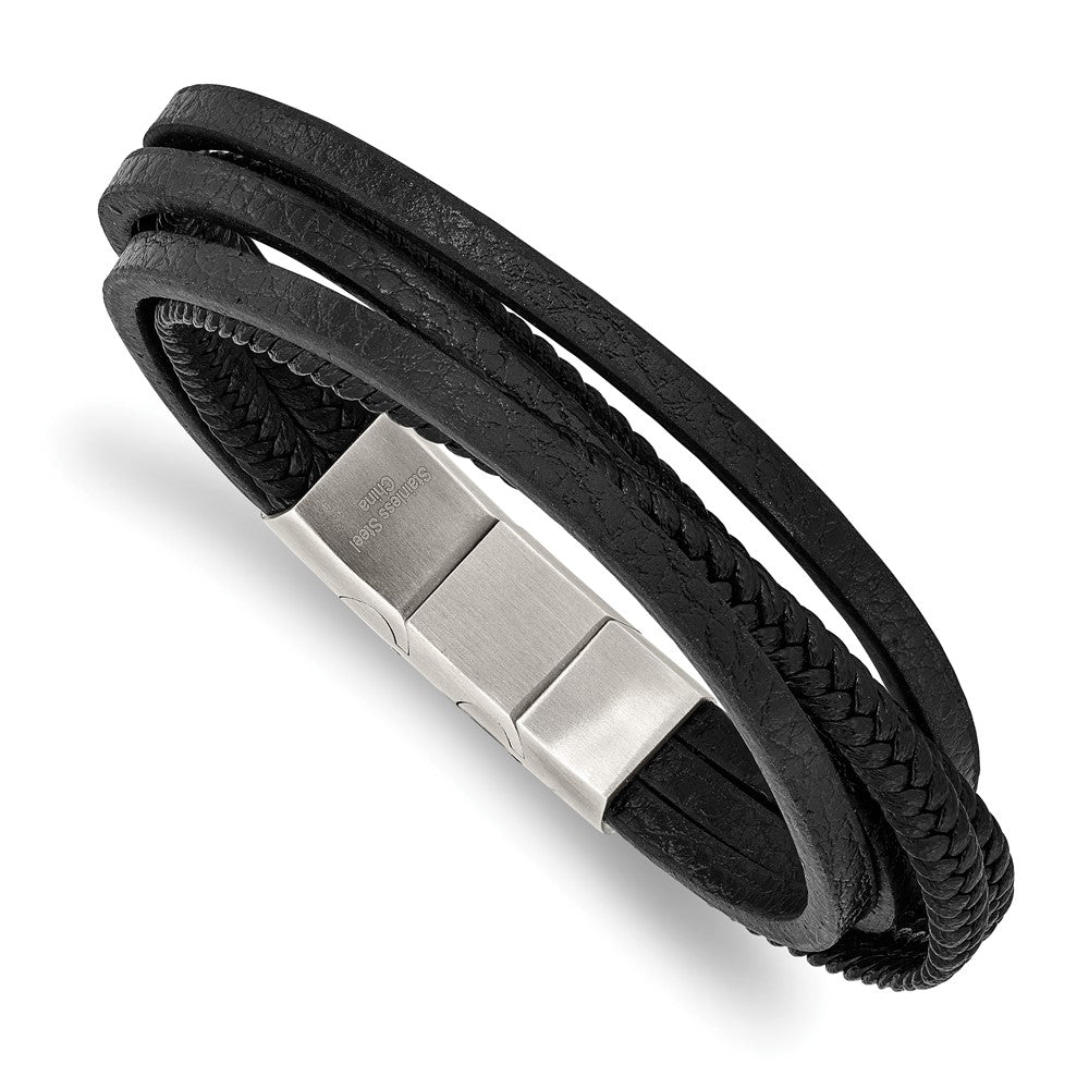 Stainless Steel Polished Black PU Leather Multi Strand w/.5in ext Bracelet 8 inches