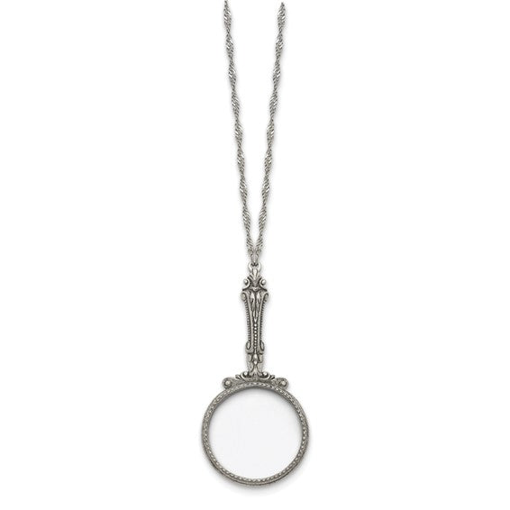 1928 Jewelry Silver-tone Vintage Design Handle 2X Magnifying Glass 28 inch Twisted Necklace
