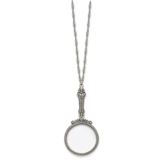 1928 Jewelry Silver-tone Vintage Design Handle 2X Magnifying Glass 28 inch Twisted Necklace