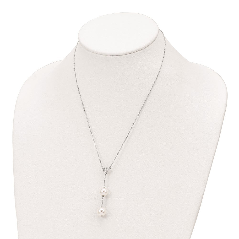Majestic Sterling Silver Rhodium-plated 10-11mm White Imitation Shell Pearl CZ Y-Drop Spring Ring Clasp 18 inch Necklace 18 Inches