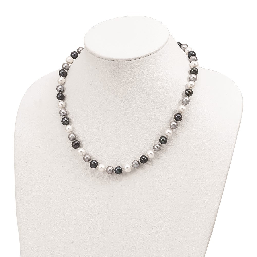 Sterling Silver Rhodium-plated 8-9mm Black, Green and White Semi-Round Freshwater Cultured Pearl 18 inch Necklace 18 Inches