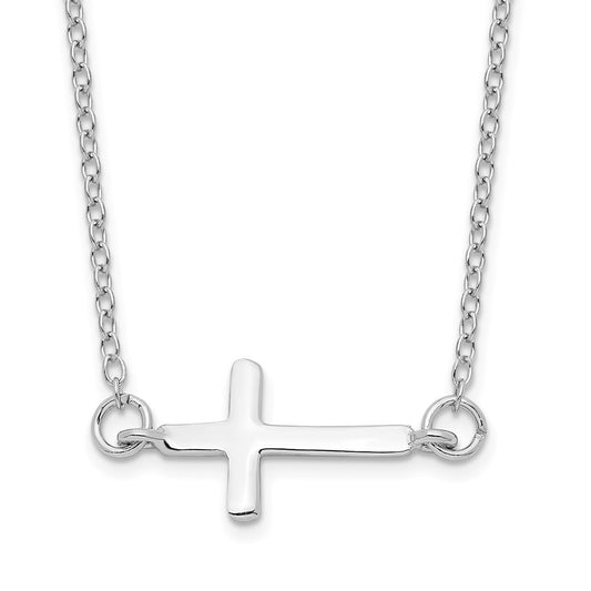 Sterling Silver Rhodium-plated w/ 2in ext. Sideways Cross Necklace 16 Inches
