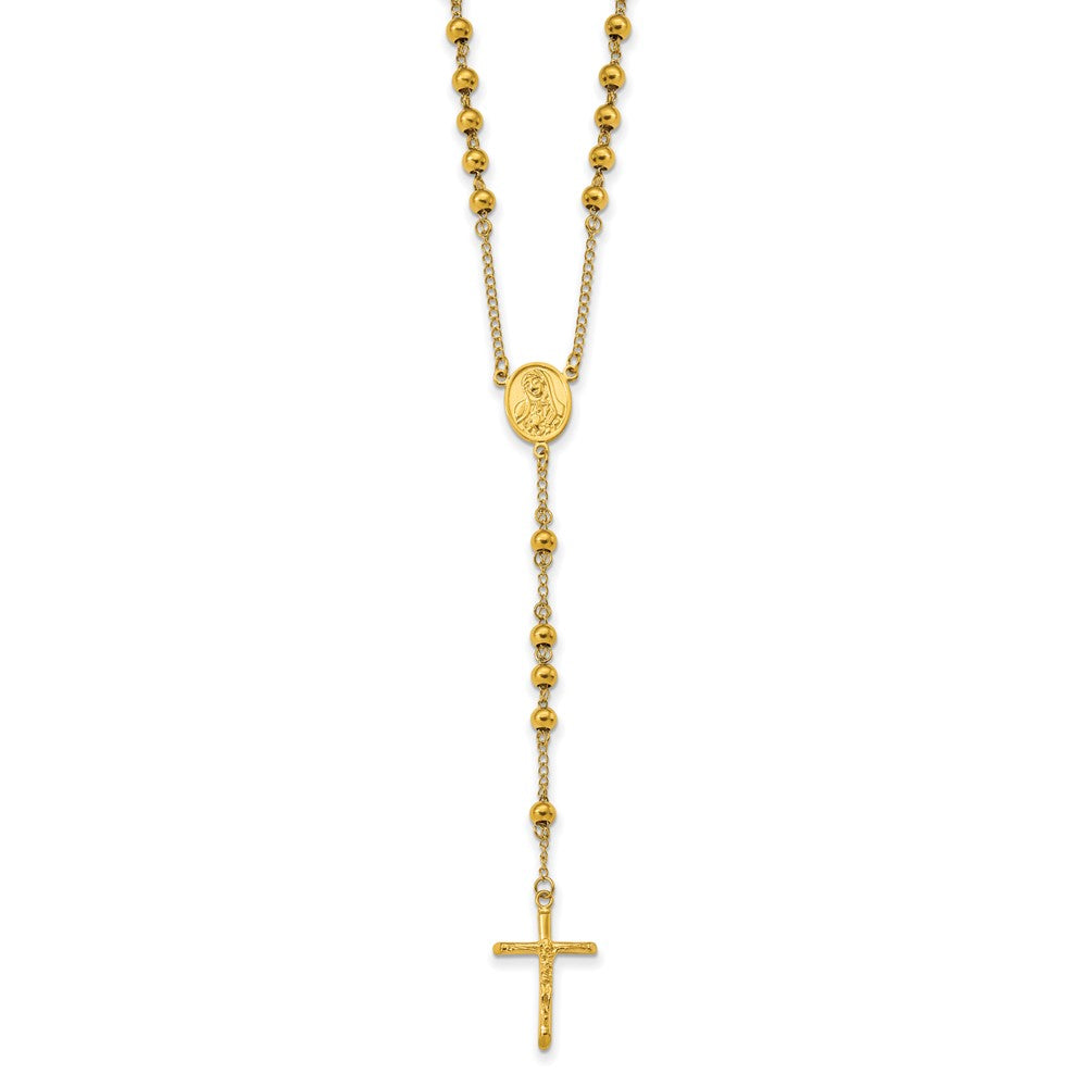 Stainless Steel Polished Yellow IP-plated Beaded Rosary 30 inch Necklace