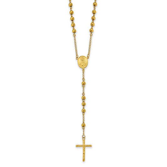 Stainless Steel Polished Yellow IP-plated Beaded Rosary 30 inch Necklace